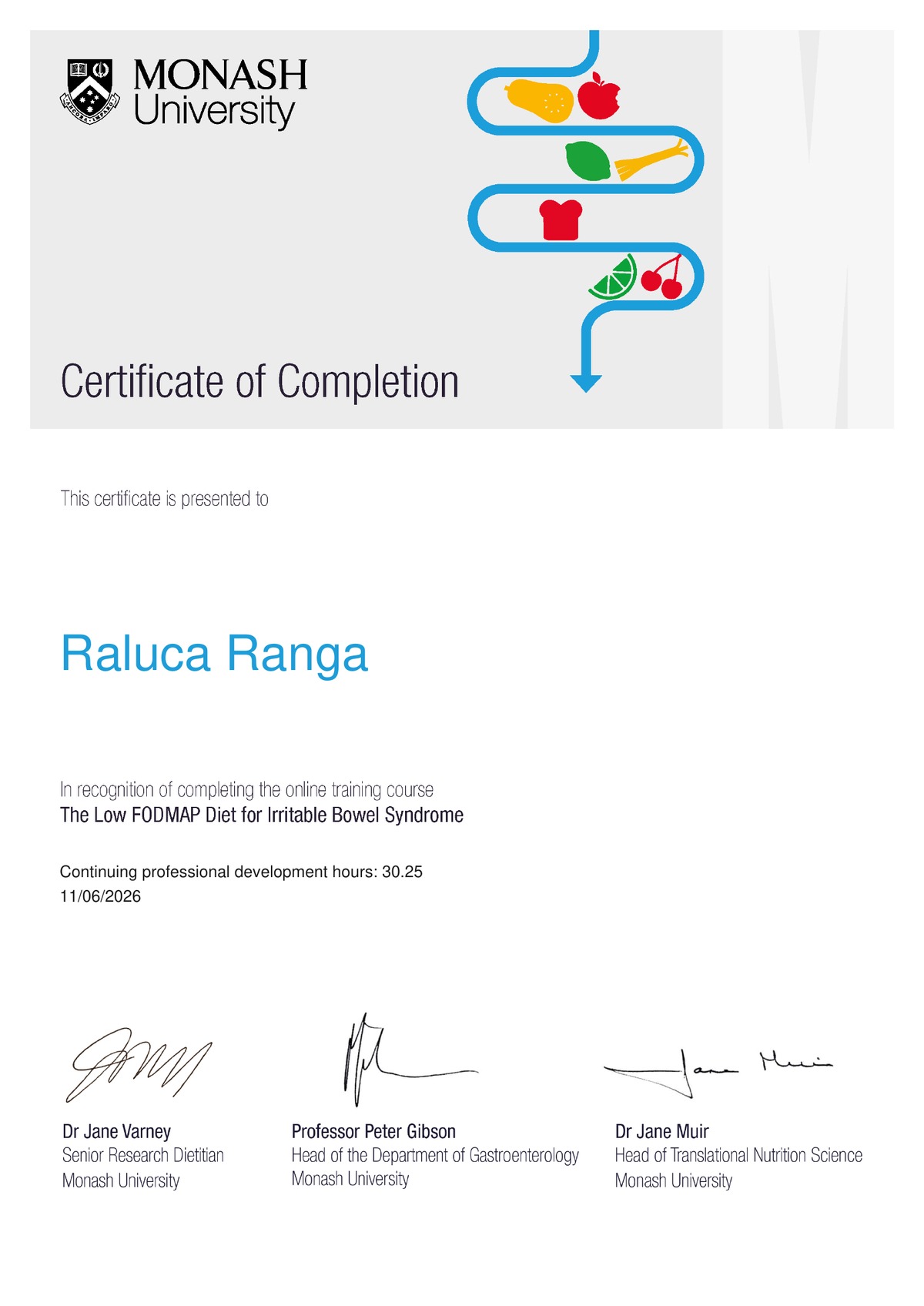 Certificat de finalizare – Low FODMAP Diet for IBS – Monash University – Raluca Ranga – 11.06.2026
