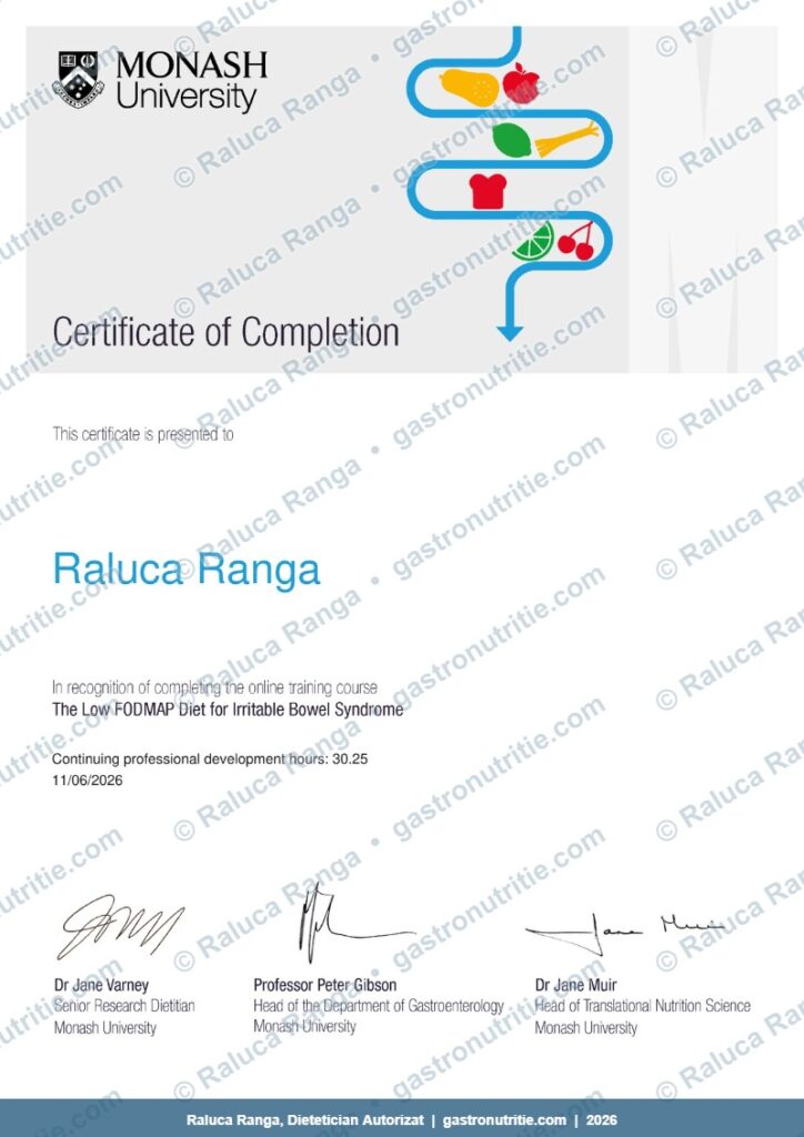 Certificate of Completion Low FODMAP Diet for IBS Monash University – Raluca Ranga Dietetician