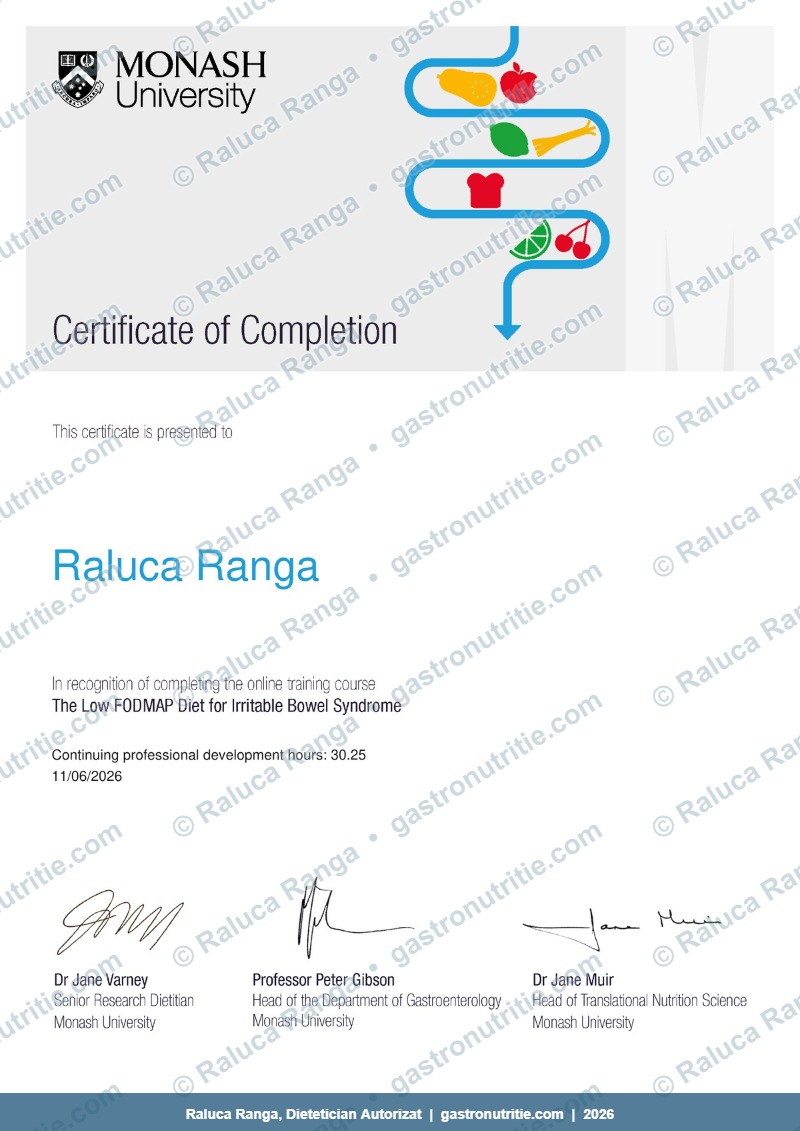 Certificate of Completion – Low FODMAP Diet for IBS – Monash University – Raluca Ranga, Dietetician Autorizat