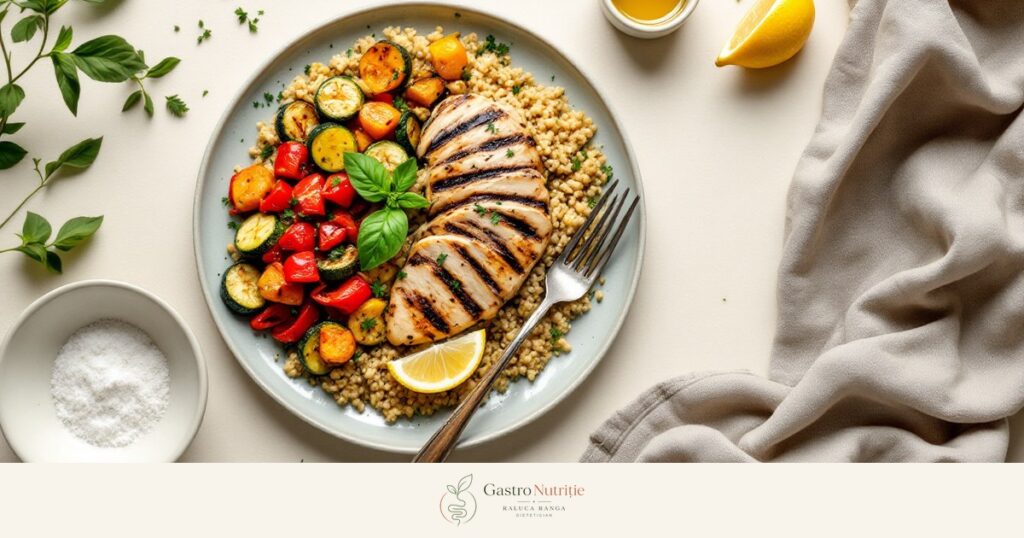 Pui la grătar cu bulgur, ardei și dovlecel copt, ierburi proaspete în locul sării: alimentația în boala cronică de rinichi, stadii timpurii
