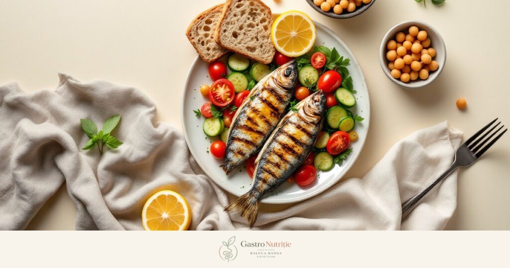 Farfurie mediteraneană cu sardine la grătar, salată de roșii și castraveți, pâine integrală și năut: alimentația în ficatul gras