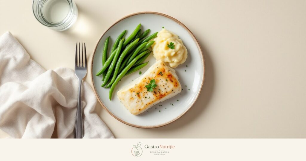 Cină ușoară: cod la cuptor, piure de cartofi și fasole verde la abur, cu paharul de apă separat: alimentația în hernia hiatală