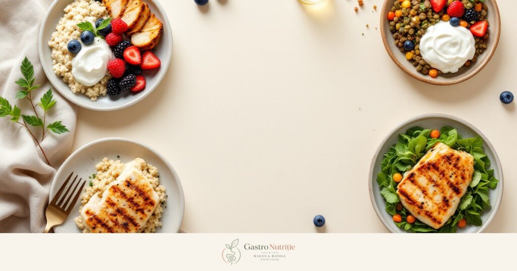 Cinci farfurii mici cu porții bogate în proteine: brânză de vaci cu fructe de pădure, pui cu quinoa, iaurt grecesc, salată de linte, cod la cuptor: alimentația sub tratament cu GLP-1