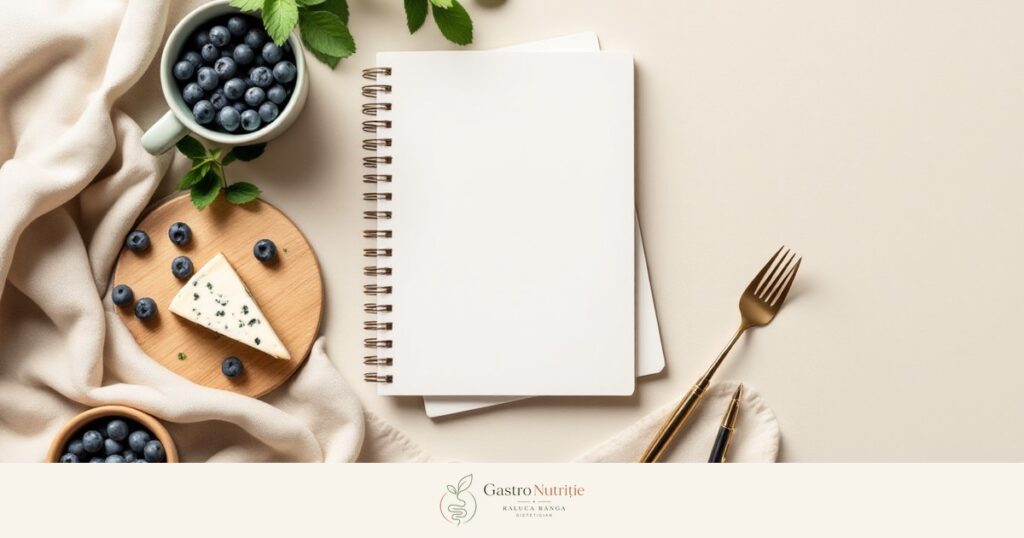 Caiet deschis cu stilou, bol de afine, bucată de brânză maturată și ceai de mentă: noutăți în Low FODMAP