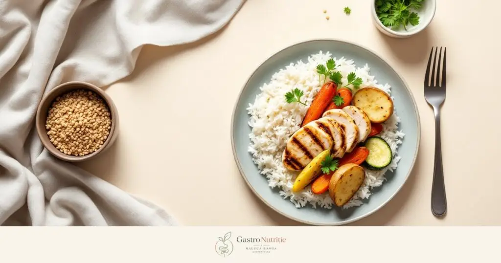 Farfurie cu orez, piept de pui, morcov și dovlecel copt, alături de hrișcă și cartof copt: model de plan fără gluten