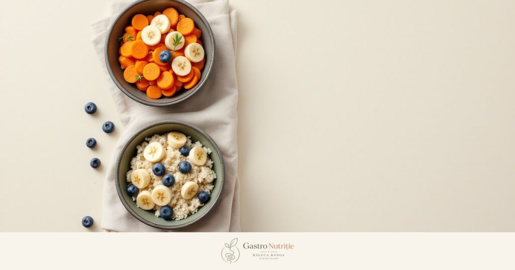 Trei boluri cu orez, banană fermă și morcov la abur, cu afine: alimente din dieta Low FODMAP