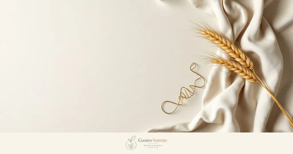 Spirală ADN din sârmă de alamă lângă o eprubetă de sticlă și un spic de grâu: genetica în boala celiacă