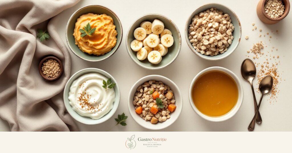 Șase boluri mici cu mâncăruri moi: piure de cartof dulce, ouă, banană, terci, supă de pui cu orez, iaurt cu miere: mese mici în carcinomul hepatocelular