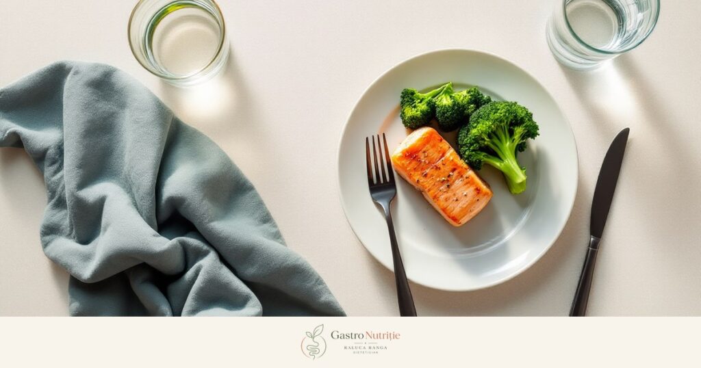 Porție modestă de somon și broccoli cu furculița lăsată jos și un calendar: tratamentul obezității cu agoniști GLP-1