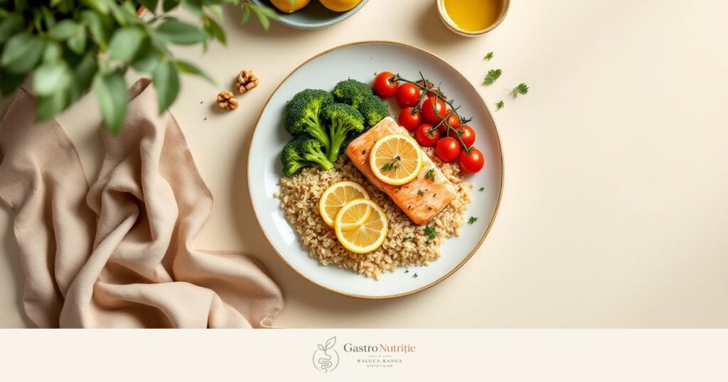 Farfurie mediteraneană cu somon la cuptor, orez brun, broccoli și roșii cherry, cu ulei de măsline și nuci