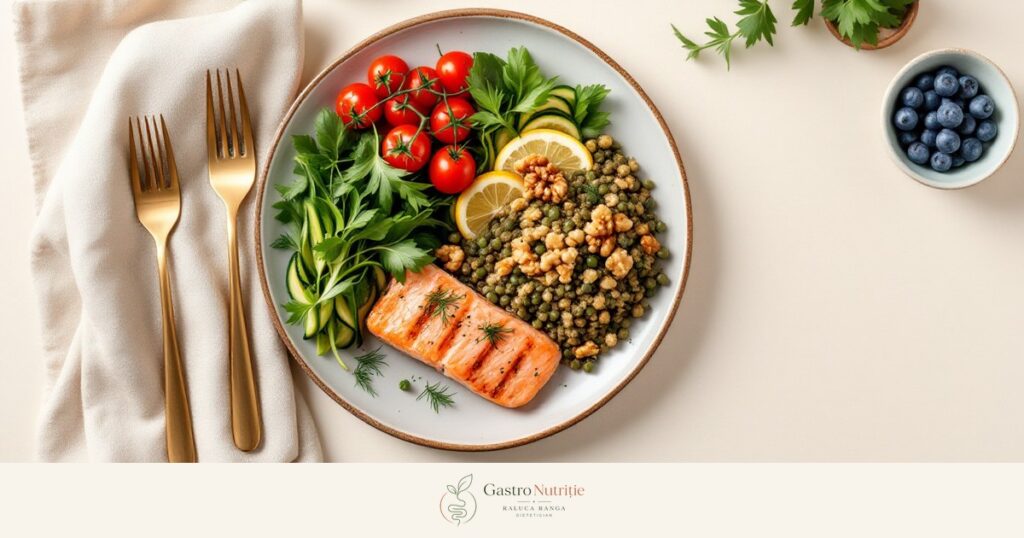 Farfurie împărțită după modelul farfuriei: jumătate legume, un sfert somon, un sfert linte cu bulgur, alături de ulei de măsline, nuci și afine, pentru articolul despre consensul ADA/EASD 2026 în diabetul de tip 2