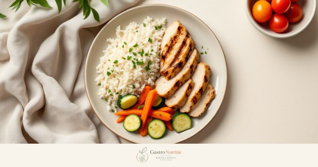 Farfurie cu piept de pui la grătar, orez alb, morcov și dovlecel la abur, roșii cherry și arpagic: etapa de eliminare din dieta Low FODMAP
