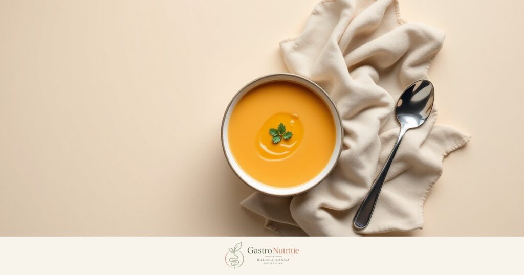 Bol cu supă-cremă de morcov și cartof, pe fundal crem: gastropareza