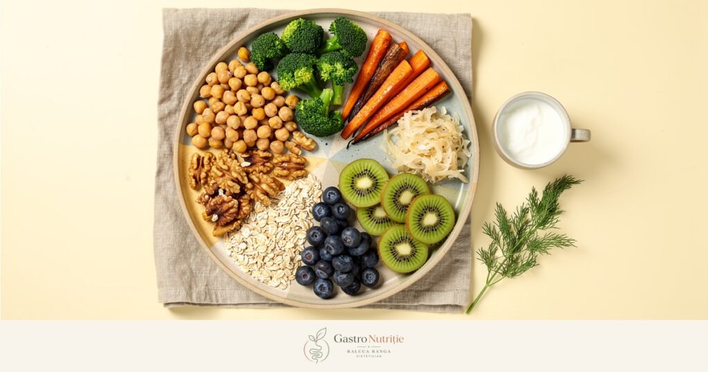 Platou cu alimente bogate în fibre și alimente fermentate - năut, broccoli, morcov, ovăz, afine, kiwi, nuci, varză murată - și o ceașcă de chefir, pentru articolul despre microbiomul intestinal