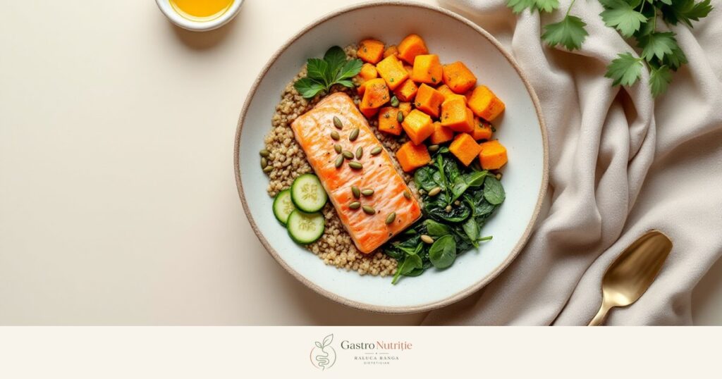 Bol cu quinoa, somon la cuptor, dovleac copt, spanac baby, castravete și semințe de dovleac: personalizarea dietei Low FODMAP pe termen lung