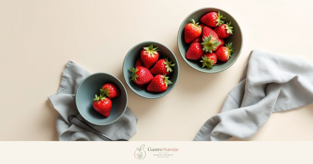 Trei boluri mici în rând, cu porții crescătoare de căpșuni: reintroducerea FODMAP, câte o grupă pe rând