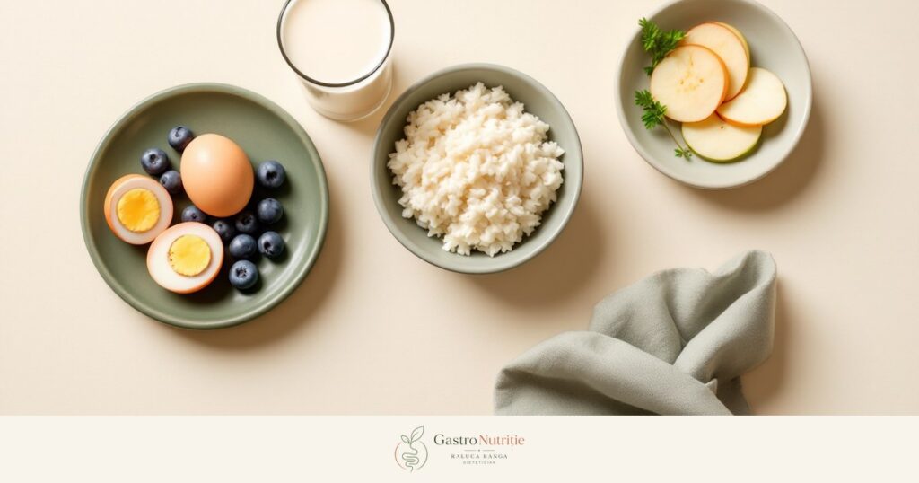 Pahar cu băutură cremoasă de vanilie, bol cu orez fiert, ouă fierte, felii de măr și afine, pentru articolul despre suplimentarea nutrițională în dializă