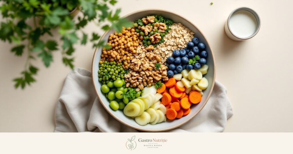 Bol cu alimente vegetale variate - cereale, leguminoase, nuci, fructe și legume - lângă o ceașcă de chefir, pentru articolul despre testele de microbiom